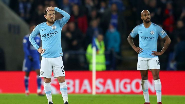 David Silva of Manchester City looks dejected after Leicester City score there second goal