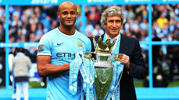Captain Vincent Kompany and manager Manuel Pellegrini with the Premier League trophy. Captain Vincent Kompany and manager Manuel Pellegrini with the Premier League trophy.