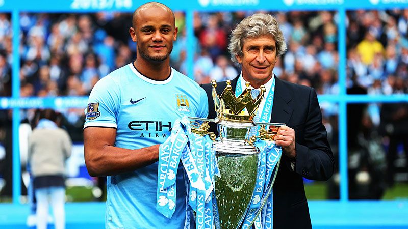 Captain Vincent Kompany and manager Manuel Pellegrini with the Premier League trophy. Captain Vincent Kompany and manager Manuel Pellegrini with the Premier League trophy.