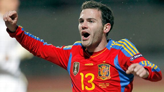 Juan Mata celebrates after scoring Spain's final goal in a 3-1 win in Lithuania.