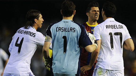 David Villa was angered by an apparent stamp by Alvaro Arbeloa in a fiery first half