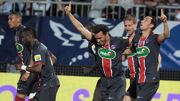 PSG celebrate a goal from Nene in their cup win over Angers