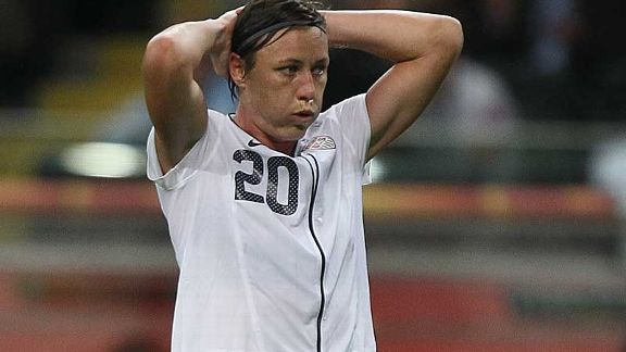 Abby Wambach shows the frustration of the first half for USA