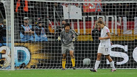 On the spot: Ayumi Kaihori celebrates as Tobin Heath misses her attempt