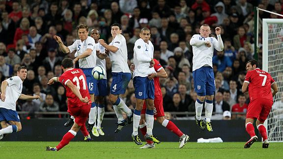 Wales' Gareth Bale has a free kick attempt on goal