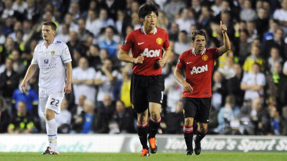 Michael Owen celebrates after opening the scoring at Elland Road