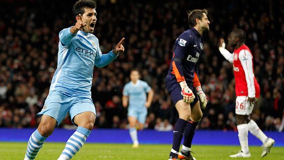 Sergio Aguero celebrates his winner against Arsenal