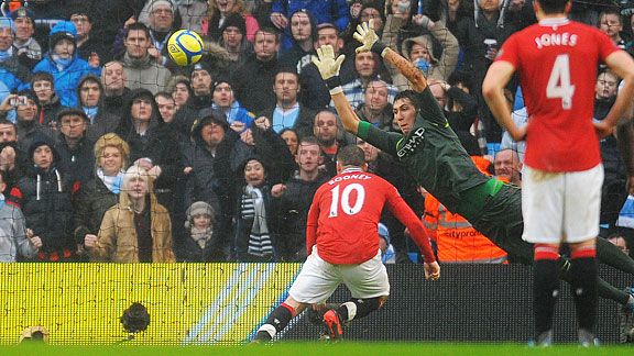 Wayne Rooney stoops to score number three despite Costel Pantilimon saving his penalty.