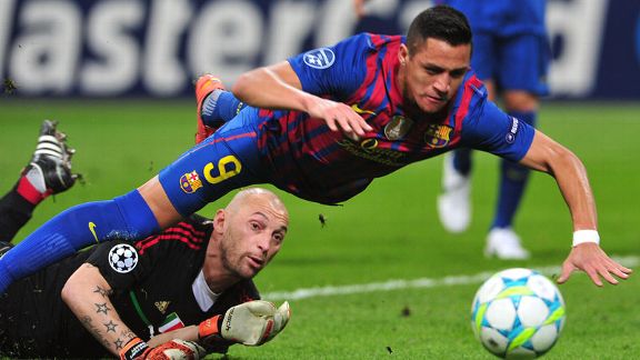 Alexis Sanchez goes down under the challenge of Christian Abbiati