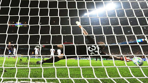 Christian Abbiati is helpless to stop Lionel Messi's first penalty of the night.
