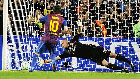 Lionel Messi beats Christian Abbiati's outstretched hand to give Barcelona the lead.