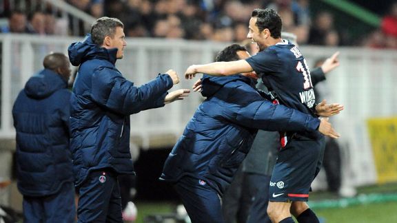 Nene celebrates after opening the scoring for Paris St Germain at Auxerre