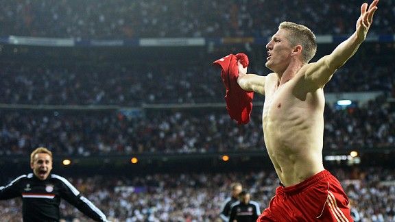 Bastian Schweinsteiger celebrates after putting Bayern Munich in the Champions League final.