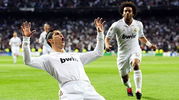 Marcelo joins Cristiano Ronaldo to celebrate Real Madrid's second against Bayern Munich.