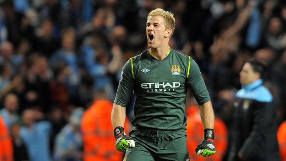 Joe Hart celebrates as the final whistle blows at the Etihad