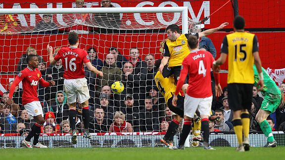 Grant Hanley scores against Manchester United