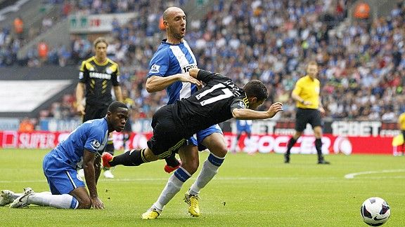 Ivan Ramis sends Eden Hazard to the deck, winning a penalty for Chelsea at Wigan