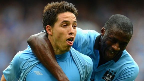 Samir Nasri Yaya Toure celeb Man City v Southampton 