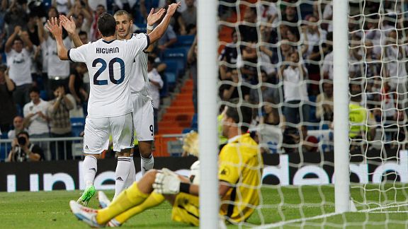 Real Madrid's Gonzalo Higuain celebrates his goal with Karim Benzema