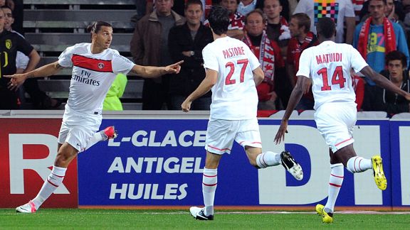 PSG striker Zlatan Ibrahimovic celebrates one of his two goals against Lille
