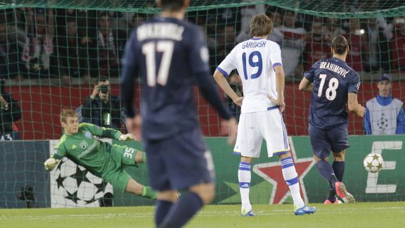 Zlatan Ibrahimovic slots a penalty to give PSG the lead against Dynamo Kiev