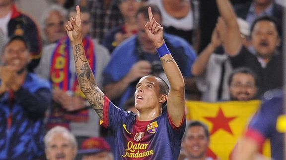 Cristian Tello celebrates after putting Barcelona 1-0 up against Spartak Moscow