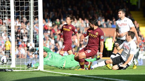 Sergio Aguero levels for Manchester City at Fulham