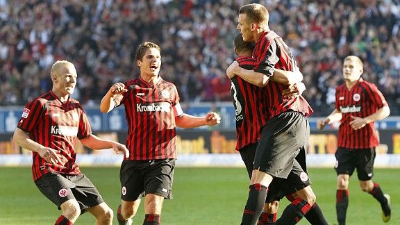 Eintracht Frankfurt celebrate after Alexander Meier's double earned all three points against Freiburg
