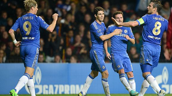 Chelsea goalscorer Juan Mata celebrates with his team-mate's Fernando Torres, Oscar and Frank Lampard 