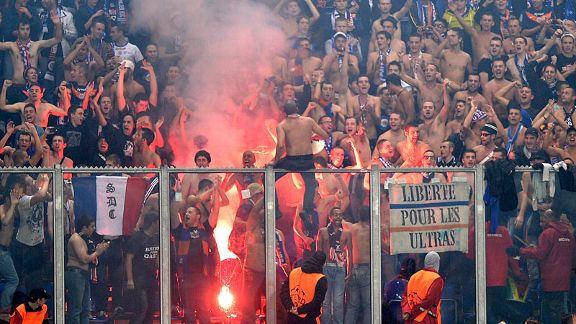 Montpellier fans celebrate with fireworks against Schalke 04