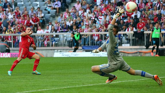 Franck Ribery scores Bayern Munich's second goal past Hoffenheim goalkeeper Koen Casteels