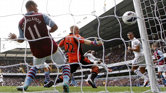 Tottenham Hotspur's English Steven Caulker scores past Aston Villa's US goalkeeper Brad Guzan