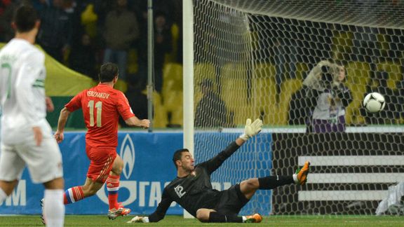 Aleksandr Kerzhakov scores early on to give Russia the lead against Portugal