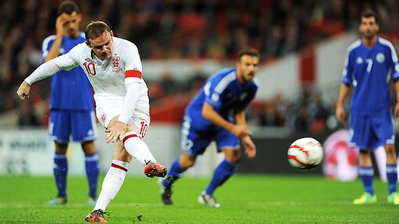 Wayne Rooney opens the scoring against San Marino at Wembley from the penalty spot