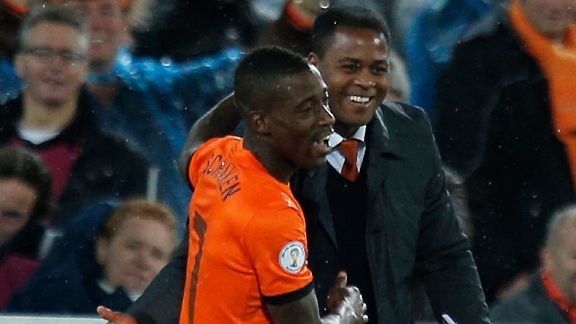 Ruben Schaken, Patrick Kluivert and the crowd are all smiles after his debut goal against Andorra