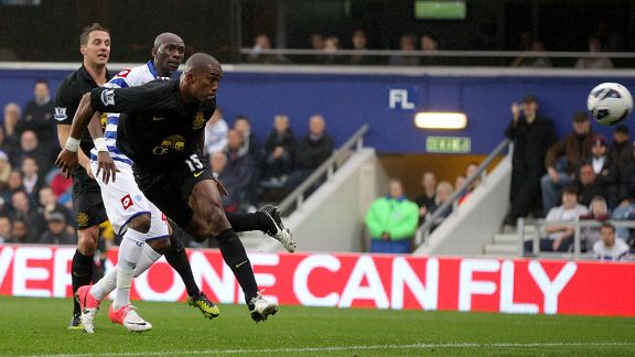 Sylvain Distin heads towards goal as Everton score an equaliser at Loftus Road
