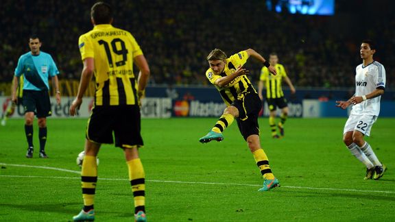 Marcel Schmelzer fires home the winning goal for Dortmund