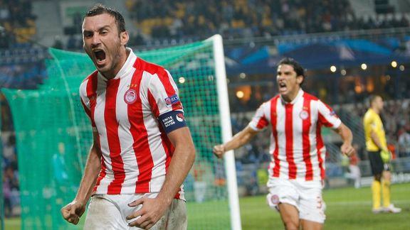 Vasilis Torosidis celebrates after netting the equaliser against Montpellier