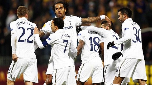 Spurs celebrate after Gylfi Sigurdsson earned a point at NK Maribor