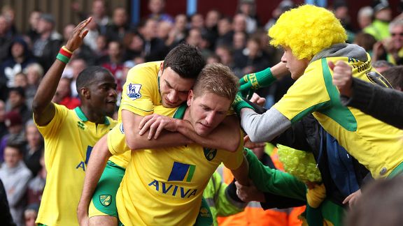 Norwich celebrate after Michael Turner put them back on level terms at Villa Park