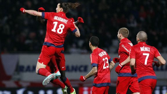 Zlatan Ibrahimovic celebrates after netting the winner for PSG at Nancy