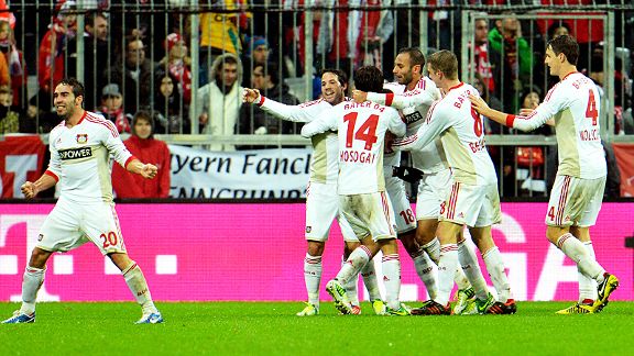 Bayer Leverkusen celebrate Sydney Sam's late winner at Bayern