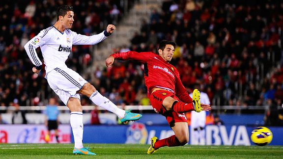 Cristiano Ronaldo fires home one of his two goals at Mallorca