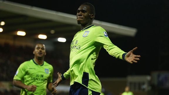 Christian Benteke celebrates after netting the winner for Aston Villa