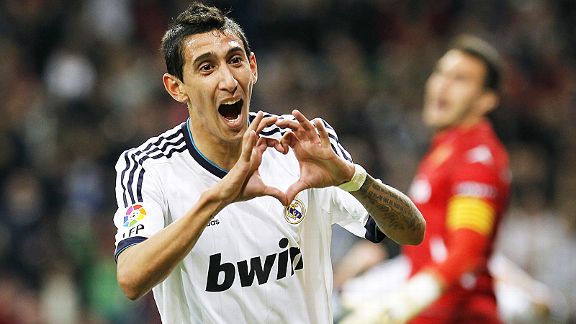 Angel di Maria celebrates his goal in Real Madrid's 3-0 win over Real Zaragoza