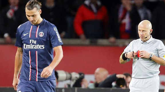 PSG's Zlatan Ibrahimovic is sent for an early bath in the shock defeat against St Etienne