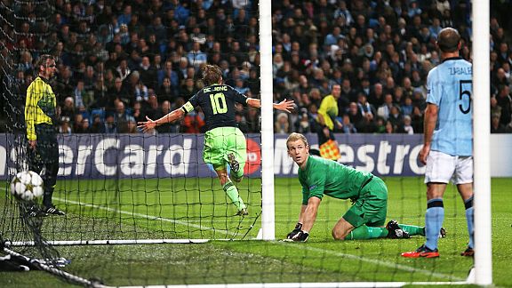 Siem De Jong celebrates after putting Ajax into an early lead at Eastlands
