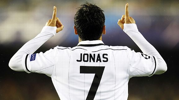 Jonas celebrates after putting Valencia on their way to a comfortable victory over BATE