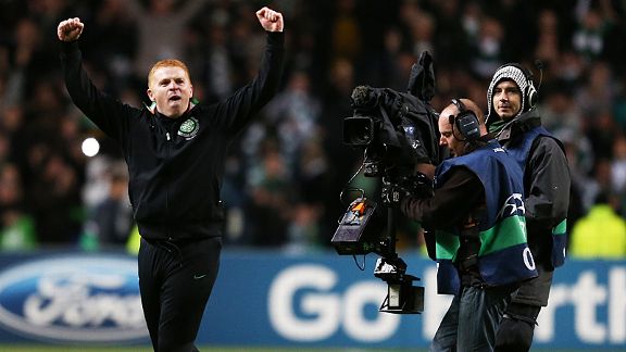 Neil Lennon celebrates Celtic's stunning win over Barcelona