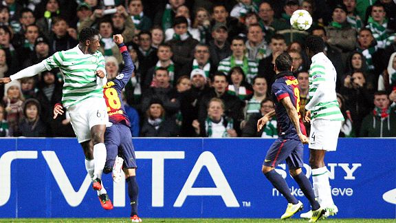 Victor Wanyama heads Celtic into a shock lead against Barcelona